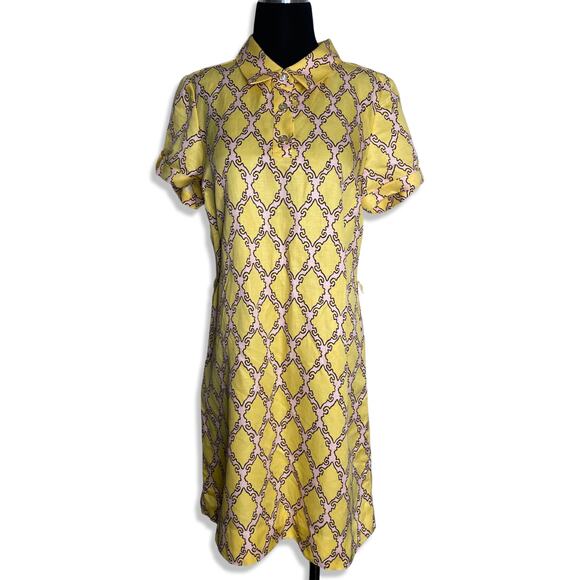 Kate Spade Silk & Linen Yellow Pink Collared Shirt Dress with tie belt - medium - Picture 7 of 14